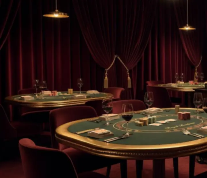 Ambiance bordeaux et or avec tables de jeu en lumière feutrée