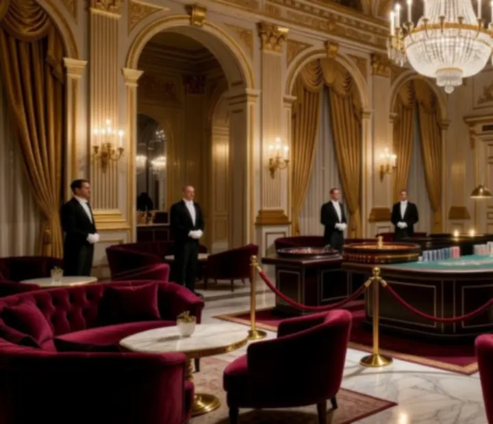 Grand hall de réception préparé pour un gala, avec tables dressées et éclairages élégants