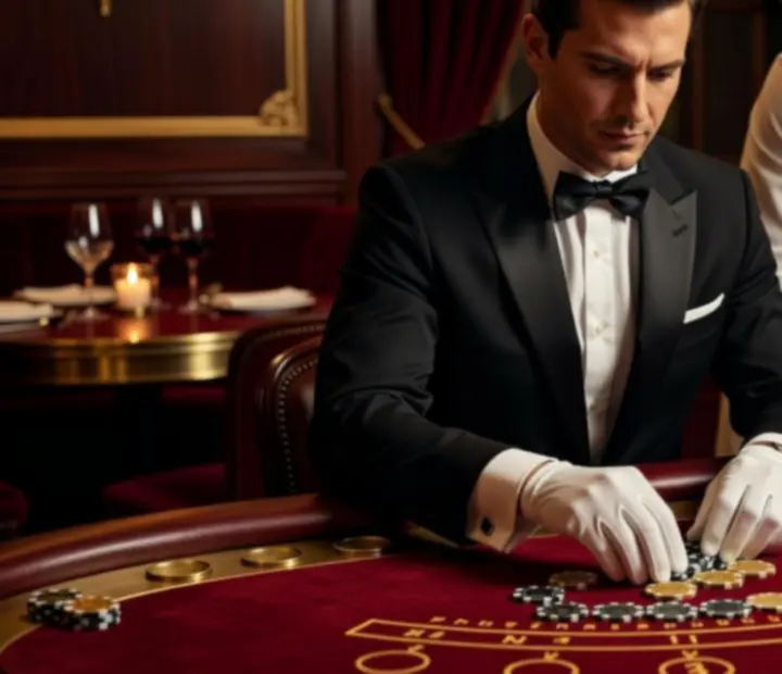 Croupier présentant des jetons sur une table de jeu dressée dans un restaurant gastronomique.