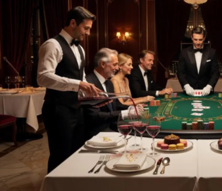 Table de restaurant gastronomique avec jetons, cartes et verres de vin dans une lumière tamisée.