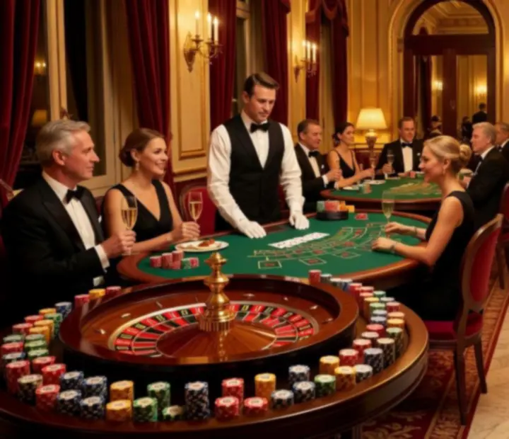 Salle privatisée avec tables de jeu factices, éclairages tamisés et décor gastronomique
