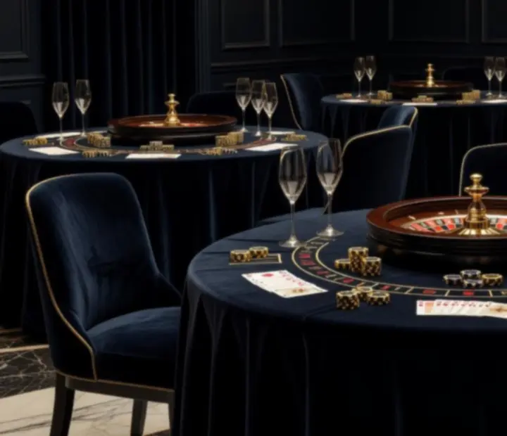 Installation élégante de tables de jeu et de scénographie pour une soirée casino en restaurant