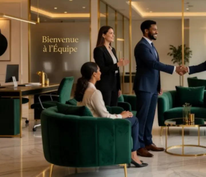 Accueil chaleureux de nouveaux talents par l'équipe Rivegour Mande dans un salon élégant