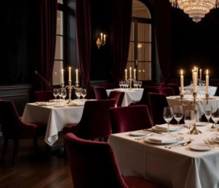 Ambiance tamisée d'une soirée casino en restaurant gastronomique avec invités autour des tables de jeu