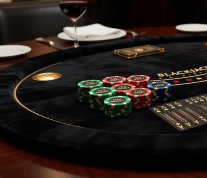 Table de blackjack avec accessoires luxe dans une ambiance tamisée